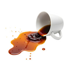 Spilled coffee cup with splash, perfect for beverage, drink, mess, accident, and creative design projects. isolated on white or transparent background.PNG format.