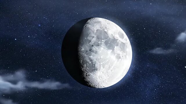 The moon phase today is visible in a dark night sky with stars and clouds, showcasing a bright half-illuminated lunar surface.