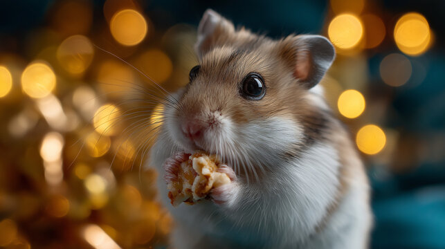Faceless close-up — hamster’s paws holding a festive treat, defocused glowing lights behind, warm tones, with copy space. - Powered by Adobe