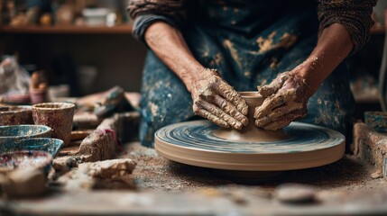 Hands shaping clay on a pottery wheel in a workshop