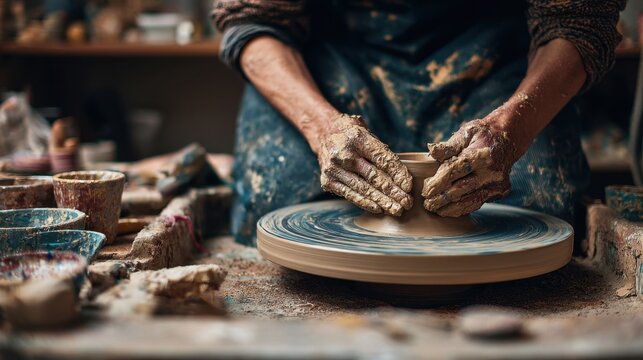 Hands shaping clay on a pottery wheel in a workshop
