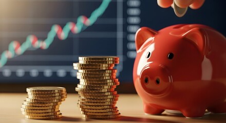 Financial growth and investment success a red piggy bank, accumulating coin stacks, and an upward trending market graph symbolize smart savings for future wealth