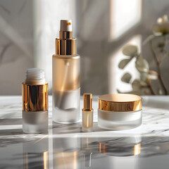 elegant skincare product bottles and jars with gold or frosted glass design on marble surface, soft shadows and reflections, high-end branding aesthetic
