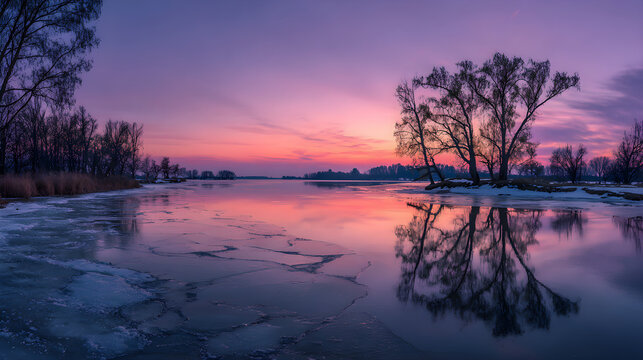 Icy lake with purple twilight glow, panoramic reflection and tranquil frozen mood