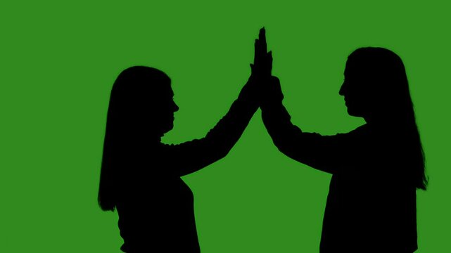 Black silhouettes of two women greet each other with a high five against a green chroma key background. Minimalist contrast and modern visual composition, mockup.