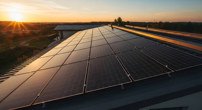 A high-detail aerial drone view of solar panels installed on a modern eco-friendly rooftop, warm golden-hour sunlight highlighting sustainable, green energy technology