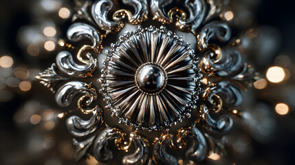 Metallic ornament macro with radial light pattern, luxury design and editorial precision