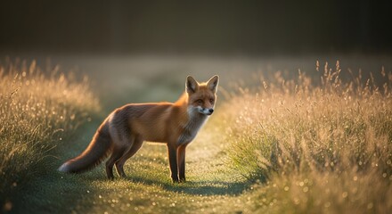 Portrait of a Red Fox Standing in a Sunlit Field with Morning Dew