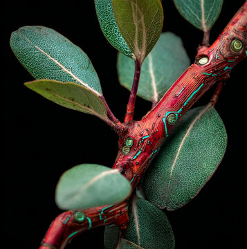 Manzanita, twisted red bark and silver-green leaves, bark etched with glowing circuitry, leaf veins replaced by microchip patterns, black background, dark sci-fi herbarium