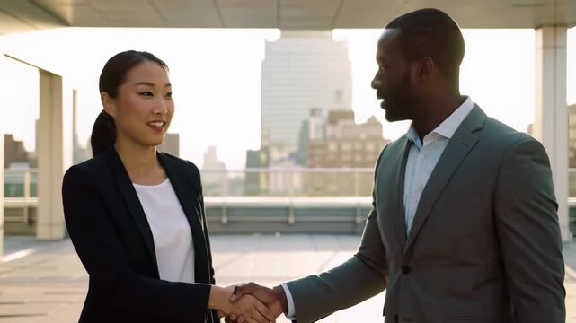 Two diverse business professionals in modern business-casual attire walk confidently on a sunlit office rooftop with a vibrant city skyline at golden hour, shaking hands, expressing shared optimism