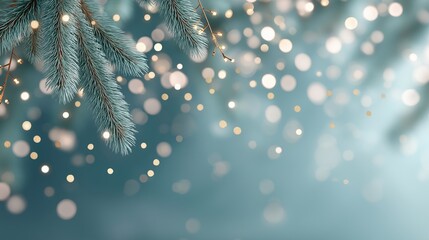 Christmas pine branches with warm golden lights creating a festive atmosphere. Cozy holiday composition with dark teal tones and glowing highlights