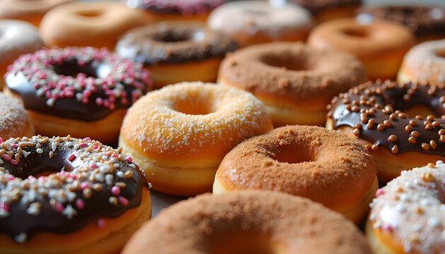 Delicious assortment of donuts with various toppings and flavors, close-up shot
