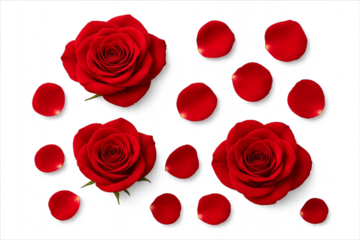 A beautiful collection of red roses arranged naturally with scattered rose petals, isolated on a transparent background.