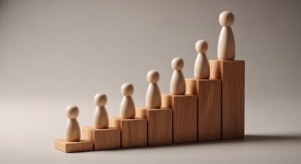 Wooden figures on rising blocks, leadership growth, career ladder, team development, success concept.