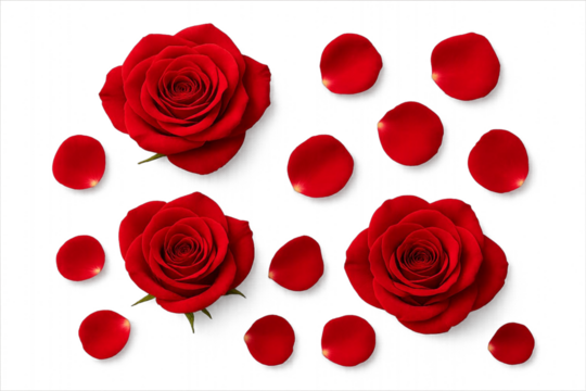 A beautiful collection of red roses arranged naturally with scattered rose petals, isolated on a transparent background.
