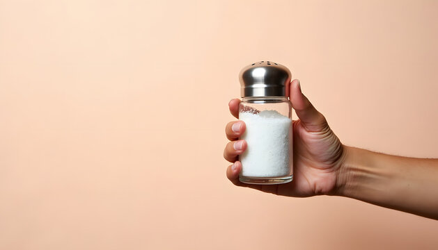 Hand holding a glass salt shaker against a soft peach-colored background