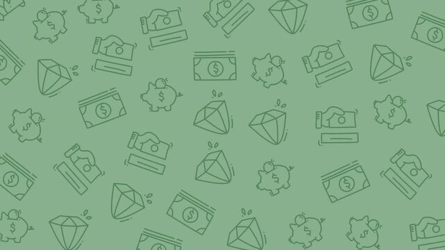 pattern of money, diamonds, and piggy banks on green ideal for finance and savings concepts in presentations, websites, and marketing materials.