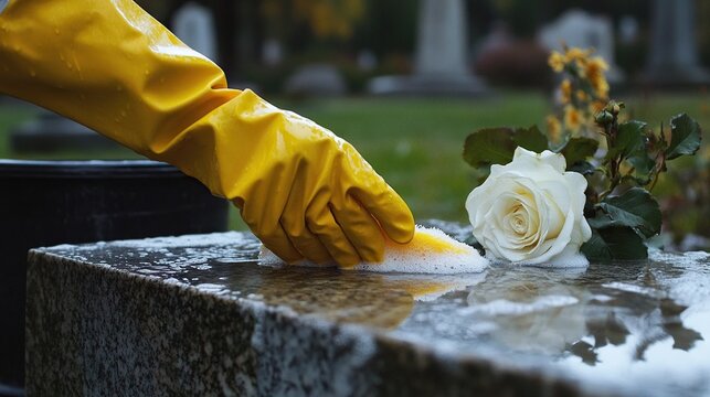 Hand in yellow protective glove carefully cleaning a granite memorial stone next to a white rose in a somber cemetery setting
