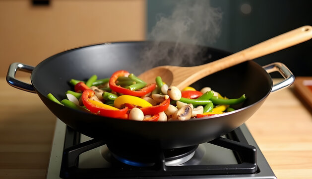 Fresh vegetables cooking in a wok on a gas stove, ready to be served