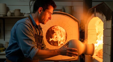 A skilled glassblower carefully shapes molten glass using a furnace in a professional workshop setting
