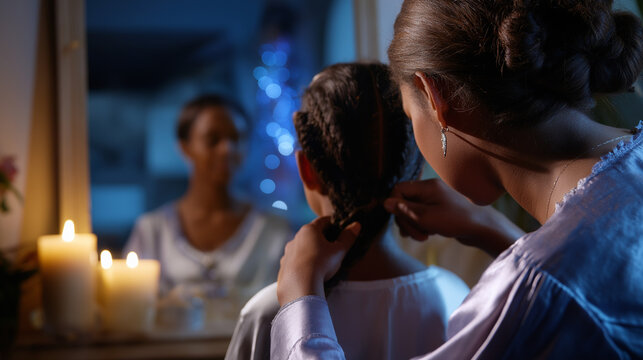 Blurred reflection in the mirror — faceless mother braiding her daughter’s hair, candlelight adding softness, calm intimate tones, with copy space. - Powered by Adobe