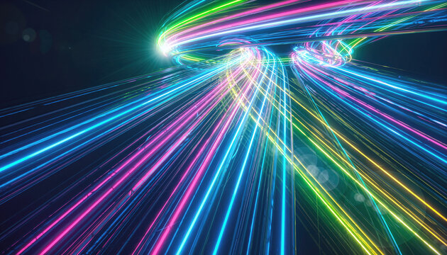 Dynamic streams of vibrant, glowing neon light trails moving at high speed through digital space, symbolizing data transfer and future technology