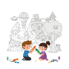 Two happy children are coloring a large drawing of a whimsical town with crayons on the floor with colorful art supplies scattered around them creating a fun imaginative activity