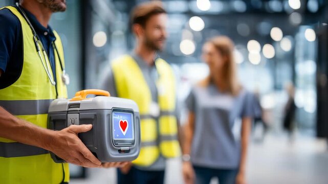 Paramedics in high visibility vests stand prepared with a defibrillator, highlighting emergency preparedness and teamwork. The scene emphasizes rapid intervention and public safety