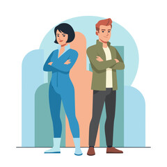 Two friends standing together chatting in flat design style with soft pastel colors depicting a casual and friendly atmosphere