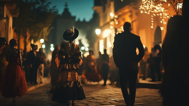 Elegant figures in elaborate traditional costumes parade through a dimly lit street at night, illuminated by warm festive lights during a cultural celebration
