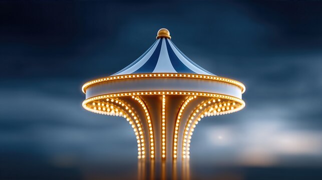 Carousel Top With Bright Lights Against Dramatic Cloudy Sky. Amusement Theme For Entertainment, Festival, Leisure Visuals