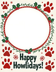 Festive 'Happy Howlidays' greeting card with paw prints and holiday wreath