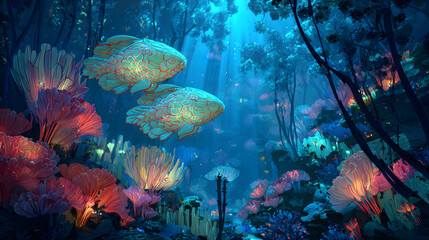 Underwater coral scene with bioluminescent fish and glowing plants, ethereal atmosphere.