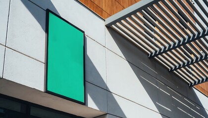 Sunlight casting strong architectural shadows on a modern building facade with a blank vertical green screen billboard for mockups