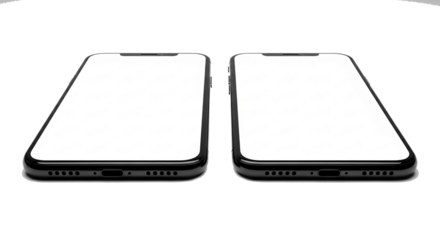 Dual black smartphones featuring expansive blank white screens, presented side-by-side for versatile digital content display and mobile application mockups on a clean background