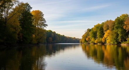 Fototapeta premium Calm river flowing through autumn trees reflecting sunlight nature landscape