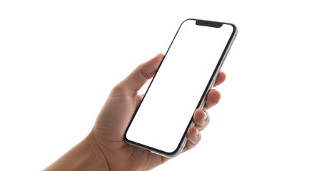Close-up of a hand holding a modern smartphone with a blank white screen, ready for custom content and application display
