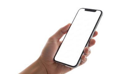 Close-up of a hand holding a modern smartphone with a blank white screen, ready for custom content and application display