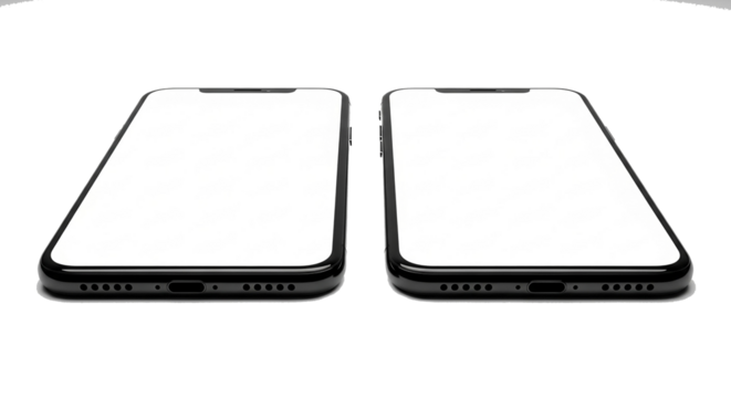 Dual black smartphones featuring expansive blank white screens, presented side-by-side for versatile digital content display and mobile application mockups on a clean background
