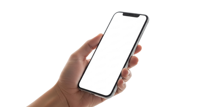 Close-up of a hand holding a modern smartphone with a blank white screen, ready for custom content and application display