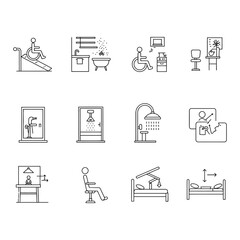 accessible design features icons illustrating inclusive home modifications for wheelchair access adaptable showers and adjustable beds beneficial for interior designs