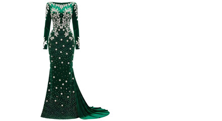 Luxurious emerald green long sleeve formal evening gown with silver sequins and elegant beadwork isolated PNG with Transparent Background