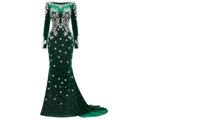 Luxurious emerald green long sleeve formal evening gown with silver sequins and elegant beadwork isolated PNG with Transparent Background