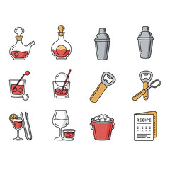 cocktail illustration set essential bar tools and drink recipes ideal for restaurant promotions and menus showcasing mixology and festive beverages.