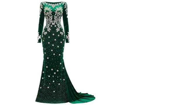 Luxurious emerald green long sleeve formal evening gown with silver sequins and elegant beadwork isolated PNG with Transparent Background