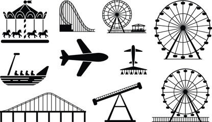 Amusement park, Ferris wheel, carousel ride, roller coaster, pirate ship ride, airplane silhouette, bridge structure, seesaw ride, black and white, festive layout, entertainment icons, ride variety © Hello World