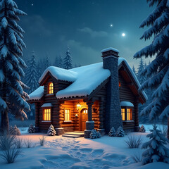 A cozy cabin covered in snow glows warmly amidst tall pine trees. 