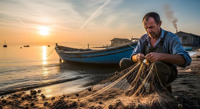 A fisherman repairing a fishing net on the shore during sunset with boats floating in the water nearby and a calm, scenic coastal environment in the background - Powered by Adobe