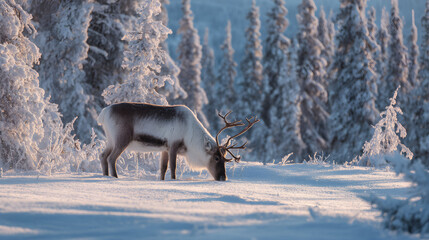 Reindeer grazing in snowy clearing, soft rim lighting and natural composition, peaceful wilderness scene