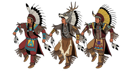 Native American Dancers in Traditional Regalia Isolated on White